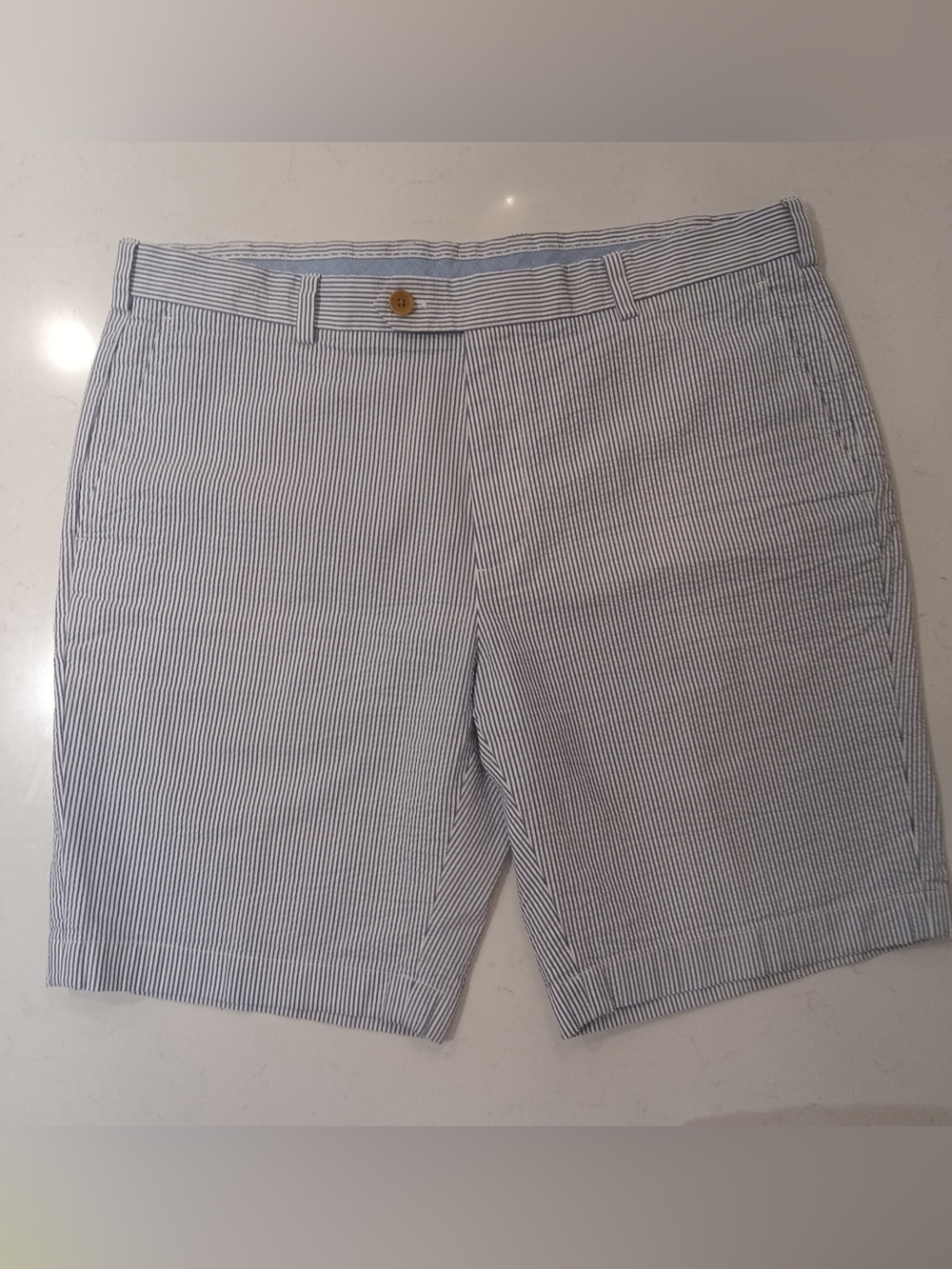 Brooks Brothers Blue and White Seersucker Flat-Front Shorts